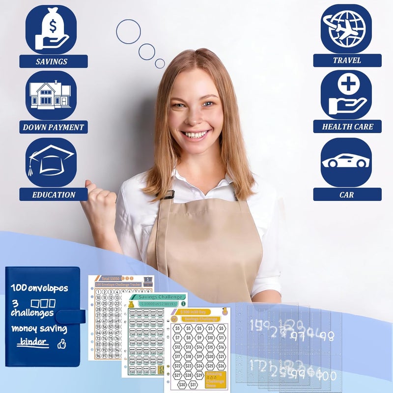 Antner 100 Envelopes Money Saving Challenge Money Saving Binder, Savings Challenges Book with Envelopes & Challenge Tracker to Save $5,050 and $10,000 and $500, A5 Budget Planner Cash Book, Navy Blue - Image 2